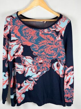 Soft Surroundings Sweater L Floral Knit Navy Coral Blue Coastal Grandmacore
